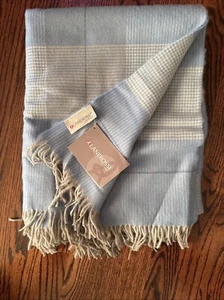 Lanerossi Italy San Marcos 100% Wool Biege/Light Blue Plaid Throw - NEW - Picture 1 of 7
