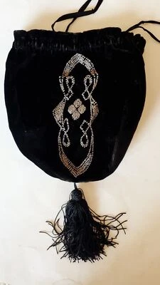 Bolsa de cordão antiga de veludo preto com miçangas bolsa borla - Imagem 1 de 4