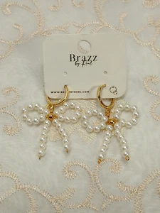 Golden Bow Pearl Dangle Hoop Earrings, Women's Elegant Jewelry, Fashion Earrings - Picture 1 of 4