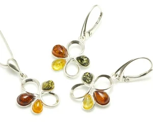 JUEGO DE PENDIENTES Y COLLAR CADENA DE JOYERÍA ÁMBAR BÁLTICO PLATA 925 certificado - Imagen 1 de 8