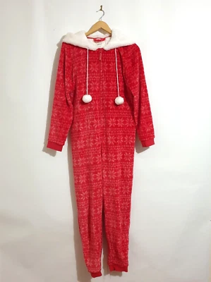 Debenhams Jumpsuit Sz 12 Red Rise & Shine Lounge Sleep Hood Fleece Soft Zip Up - image 1 of 4