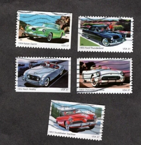 #3931-5 Sporty Cars of the 1950's Used Se-Tenent Set of 5, 37 cent, Off paper Cover