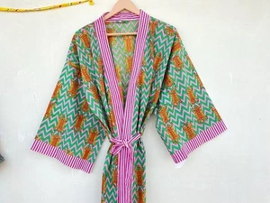 Indischer grüner Tiger Baumwolle Roben langer Kimono Nachtwäsche Nachtanzug Kimono Roben USA - Bild 1 von 5