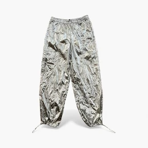 No Comment Women’s Medium Silver Drawstring Waist & Ankle Parachute Pants - Picture 1 of 5