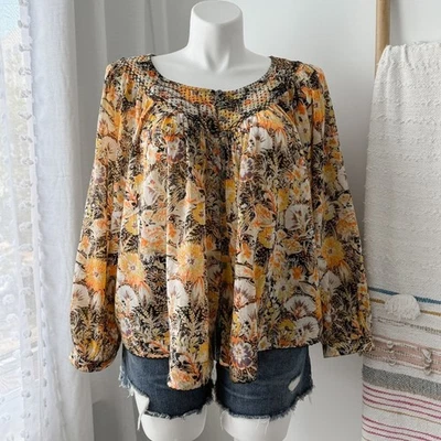 We The Free Cool Meadow Midnight Combo Long Balloon Sleeves Boho Slouchy Top L - Image 1 of 4