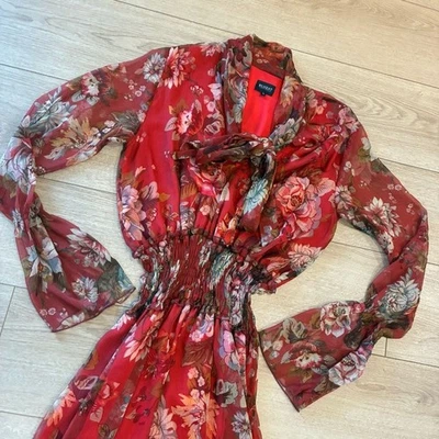 Vestido midi Bluzat Moda Urbana naranja floral cuello atado manga larga talla L Foto 1 de 4