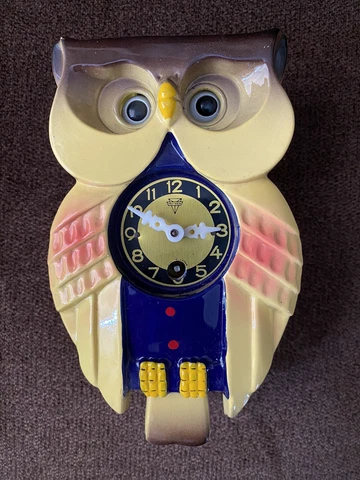 Vintage Mi-Ken 50-60's Yellow Owl Cuckoo Clock Moving Eyes Works But Incomplete Cover