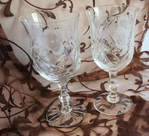 2 Clear Etched Rose Flower STARBURST Stem Wine Water Crystal Cut Goblets 7 1/4" - Picture 1 of 11