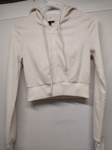 OFF WHITE Felpa con cappuccio Shein donna taglia small AVORIO manica lunga cropped ZIPPER COMPLETA