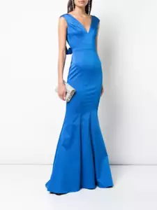 Maxi Vestido Trompeta Otomana Elastizado Espalda en V Profundo Azul ZAC POSEN 8 = M - Imagen 1 de 11