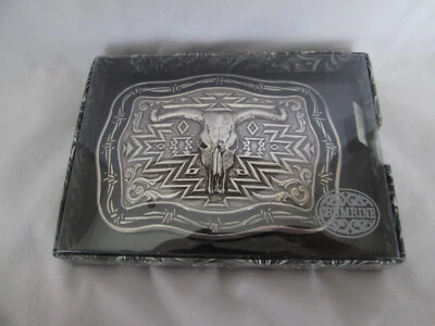 NEW Crumrine Western  LONGHORN Steer Skull Belt Buckle In Box Silver Tone - Image 1 of 4