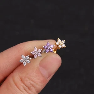 Piercing CZ Flower Labret Monroe Lip Bar Tragus Cartilage Helix Ring Ear Daith - Picture 1 of 8