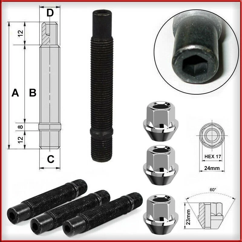 16 Pezzi Colonnette Prigionieri a Brugola + dadi ruota conici M12x1,25 lung.68mm - Immagine 1 di 1