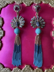 Betsey Johnson Boho Betsey Turquoise Blue & Pink Peacock Tassel Crystal Earrings - Picture 1 of 2