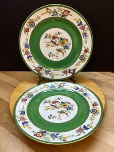 2 Antique C Ahrenfeldt Limoges Dinner Plates 10.25” Birds Floral Green Band Gold - Picture 1 of 13