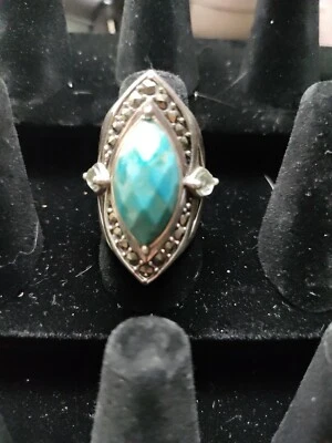.925 Sterling Silver Marquette Turquoise with Black Onyx and Moonstone Size 6.5 - Imagem 1 de 3