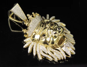 Men's 10K Yellow Gold Real Diamond Lion Crown Pendant Charm 0.45 CT 1.75" - Picture 1 of 8