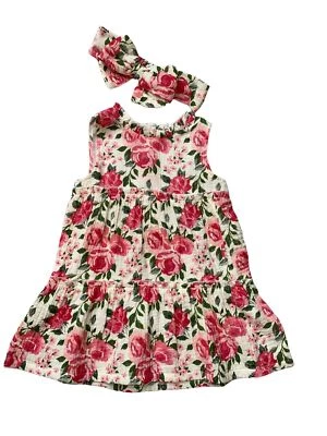 Mud Pie 玫瑰连衣裙和头带套装 12-18 米全新带标签棉质纱布 12-18 米粉色花朵 — 第 1/2 张图片