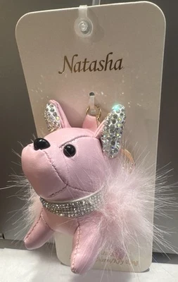 Nuevo Llavero Natasha Rosa Imitación Cuero y Piel Estrás Bulldog Francés Bolso Dije Foto 1 de 4
