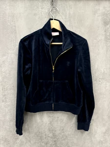 Juicy Couture Sweatshirt Large Navy Blue Embroidered Zip Casual Lounge Velour - Picture 1 of 9