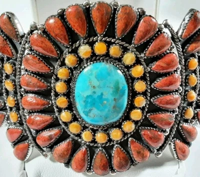 PULSERA 925 ESTERLINA GRANDE 67 PIEDRAS CORAL OSTRA ESPINOSA TURQUESA 5 7/8" 44,1g Foto 1 de 4