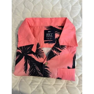 Spicy Tuna Palm Tree Hawaiian Shirt Tropical Resort Wear Pink Black Size 14 - Picture 1 of 6