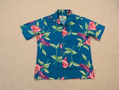 Hilo Hattie Shirt Mens Large Teal Floral Hawaiian Polyester Island Wear Vintage - Image 1 of 4