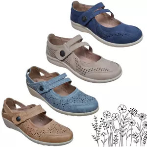 Ladies Cushion Walk Wide Mary Jane Wedge Shoes Comfort E + EEE Fit Sandals Strap - Picture 1 of 22