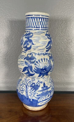 Jarrón antiguo calabaza safávida persa azul blanco estilo chino cerámica siglo XIX Foto 1 de 4