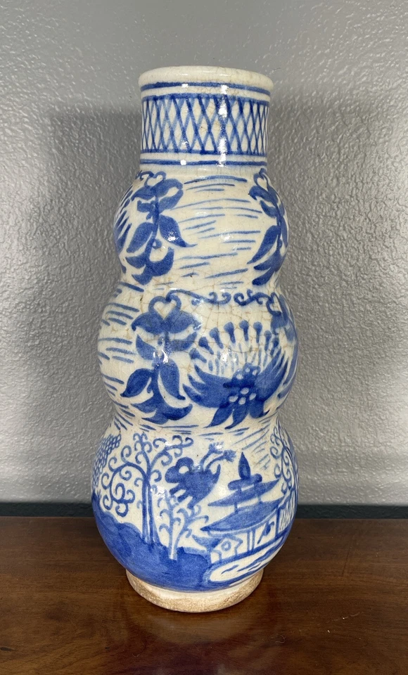 Jarrón antiguo calabaza safávida persa azul blanco estilo chino cerámica siglo XIX Foto 1 de 4