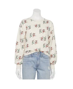 Disney's Cream Mickey Minnie Mouse Ice Skate Graphic Cropped Sweatshirt Size L - Picture 1 of 7