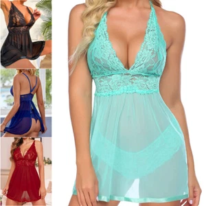 Sheer-Sexy-Lingerie-Babydoll-Nightgown-Chemises-Open-Back-Satin-Trim-Nightdress - Picture 1 of 35