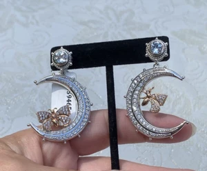 Dallas Prince Sterling Silver White Topaz & Zircon Moon  Butterfly Drop Earrings - Picture 1 of 9