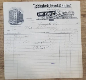 1908 Billhead Minneapolis Minnesota Robitshek Frank Heller Pants Overalls Shirts - Picture 1 of 2