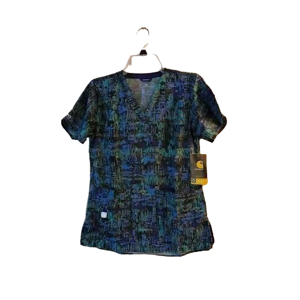 Blusa Médica Para Mujer Carhartt Hermoso Patrón Talla XS Cuello en V Verde Negro Púrpura Foto 1 de 1