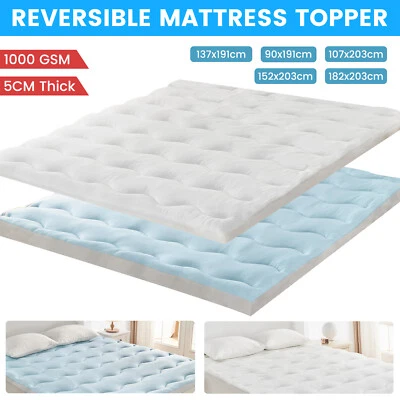 1000GSM Cooling & Warm Reversible Mattress Topper Protector Pad 45cm Deep Pocket - image 1 of 4