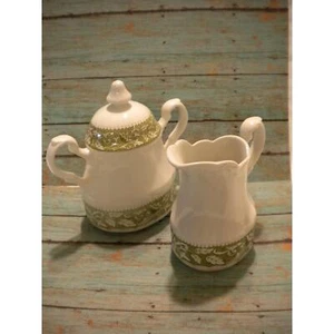 Sterling Sugar Dish /Creamer Colonial English Ironstone J & G Meakin Green White - Picture 1 of 10