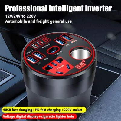 Car Power Inverter 24V/12V to 220V Led Display 4USB Lighter New U5U9 - Image 1 of 4