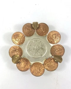 Vintage Aztec Mayan Centavos Coin ASHTRAY Trinket Dish Copper Brass Nuevo Laredo - Picture 1 of 5