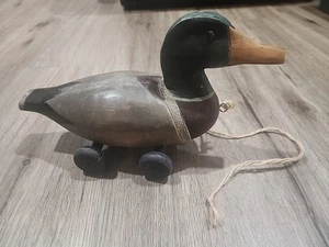 Primitive Style Vintage Pull Wood Duck Toy 10" w/Glass Eye - Picture 1 of 3