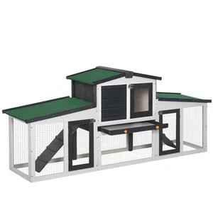 Rabbit Hutch Outdoor with Double Runs, Removable Tray, Wooden Bunny Cage, Gray - Picture 1 of 11