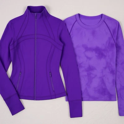 Jaqueta Lululemon Define e Camisa Swiftly Tech LS Roxa Tie Dye Ultravioleta Tamanho 6 - Imagem 1 de 4
