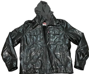 Levi’s Men’s Black Faux Leather Hooded Sherpa Lined Trucker Jacket: Size Medium - Picture 1 of 8