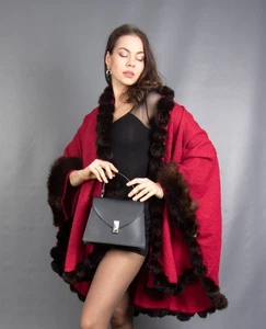 16615 GLAMOROUS WOOL CASHMERE COAT SWINGER CAPE BLUE FOX BEAUTIFUL SIZE 3XL-6XL - Picture 1 of 18