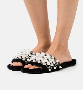 Jeffrey Campbell Black Slide Sandal with Pearly Beads SZ 8 Facile - Faux Fur - Picture 1 of 6