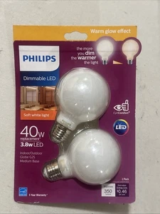 Philips 2 pck, LED 40W Indoor/Outdoor Globe G25 Bulb, Soft White Light - Picture 1 of 2