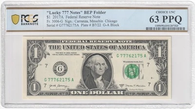 Fr. 3006-G 2017A $1 "Lucky 777 Notes" BEP Folder Federal Reserve Note Chicago - Image 1 of 3