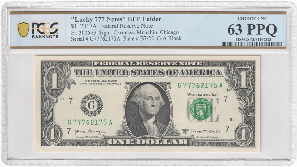 Fr. 3006-G 2017A $1 "Lucky 777 Notes" BEP Folder Federal Reserve Note Chicago - Image 1 of 3