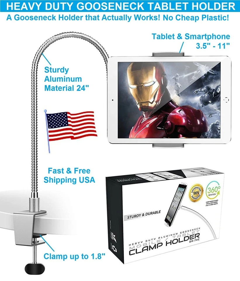 Aluminum Gooseneck Tablet Mobile Clamp Holder Bed Flexible Long Arm 360 Rotating - Image 1 of 4
