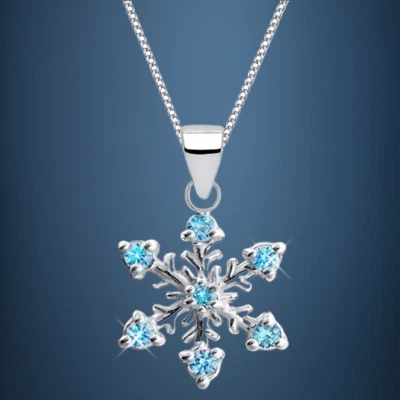 Blau Kristall Schneeflocke Anhänger Halskette 925 Sterling Silber Kette Damen - Bild 1 von 4